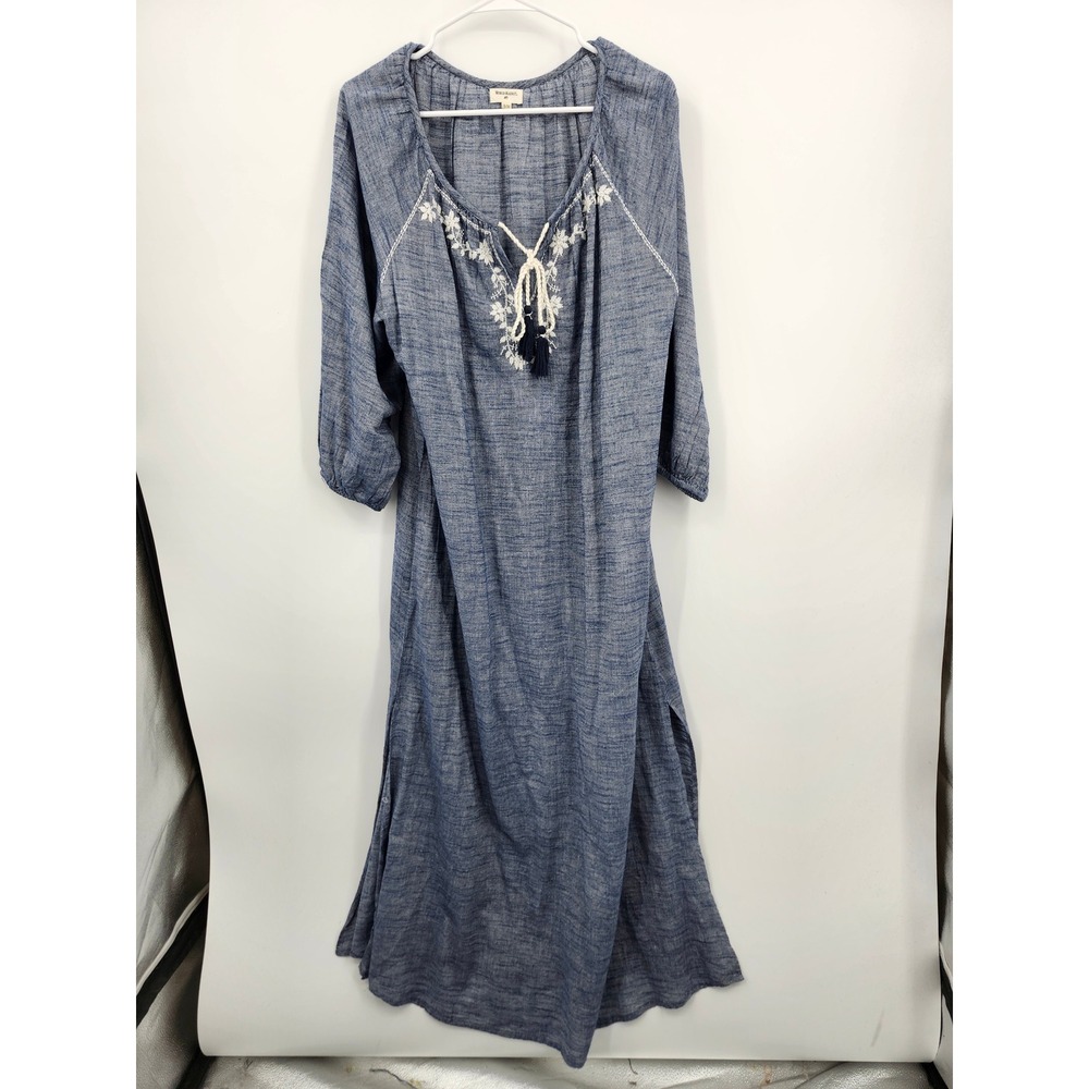 World Market Maxi Dress Womens S/M Blue Cotton Embroidered Boho Tassel Tie